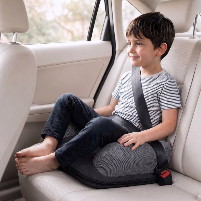 Kind auf der BubaBoost Sitzerhöhung im Fond eines Autos, der Dreipunktgurt ist geschlossen